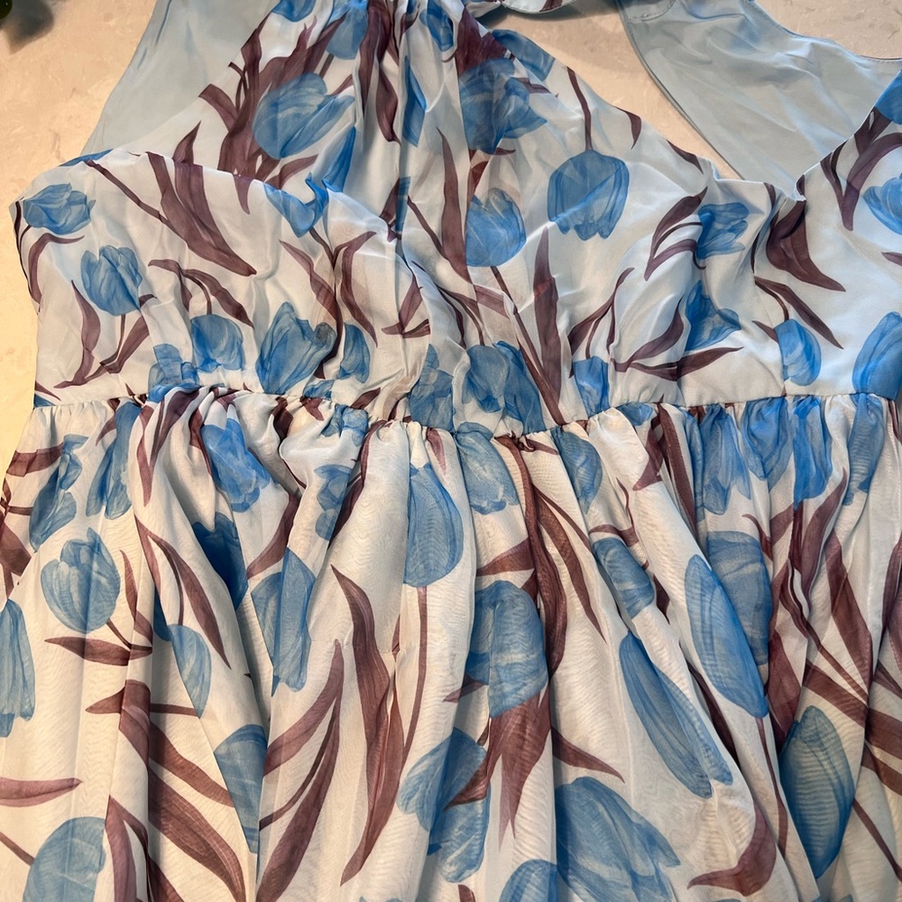 Sky Blue Strapless Floral Midi Dress